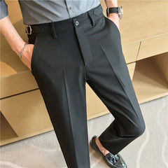Threebooy Summer Suit Pants Men Fashion Smart Casual Suit Trousers Slim Fit Wedding Party Formal Dress Mens Solid Color Ankle Length Pants
