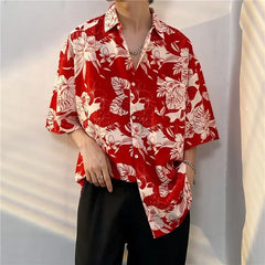 Threebooy  Retro American Japanese Cuban Collar Shirt Men's Short-sleeved Summer Hong Kong Style Handsome Loose