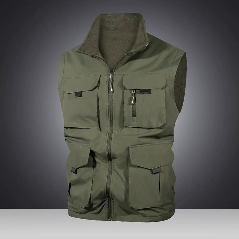Threebooy  Spring Autumn Men's Double Sided Vest Sports Casual Fishing Multi-Pocket Solid Sleeveless Jacket Male Stand Collat Waistcoat