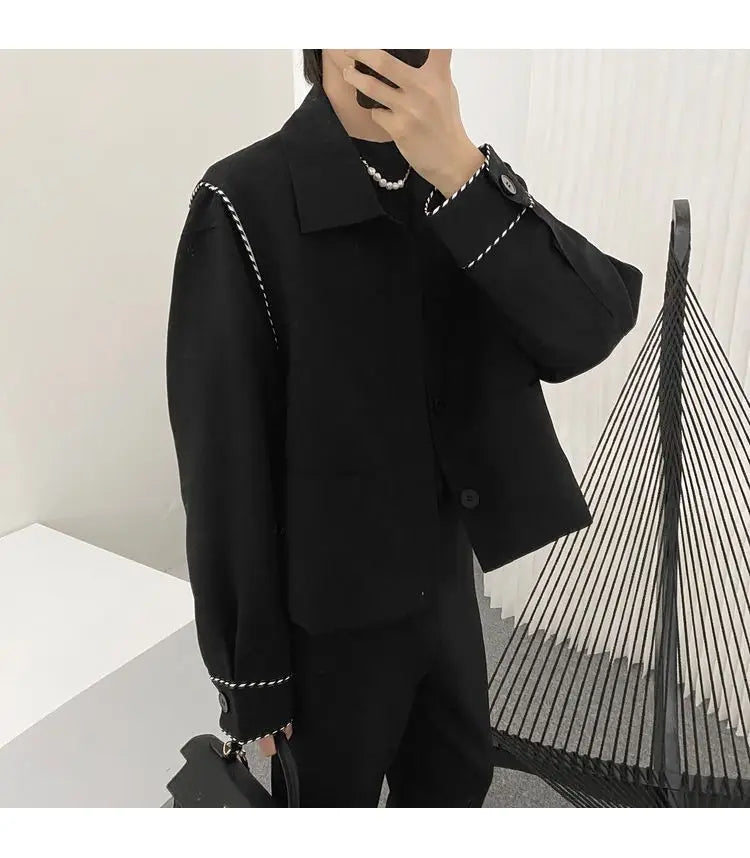 Threebooy Fashion Black Stitching Jacket Men's Buttons Spring Autumn New Loose Turndown Collar Single-breasted Long Sleeves Tops Jackets