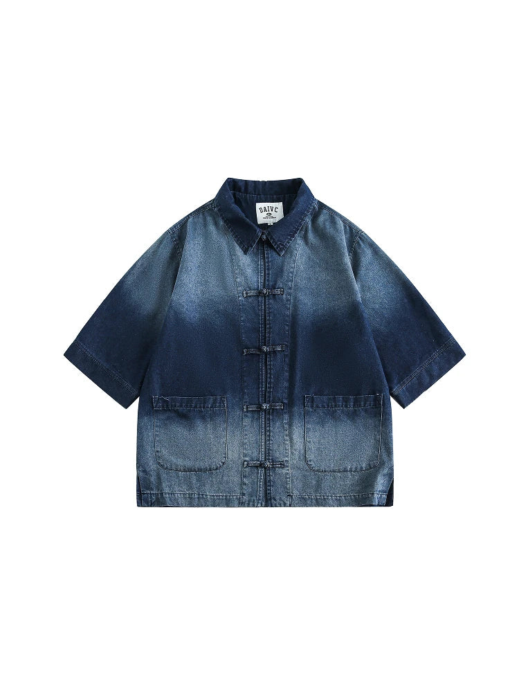 Threebooy New Summer New Chinese Style Old Denim Short-sleeved Shirt Korean Style Men Women Loose Retro Button-up Shirt Jacket Aesthetic