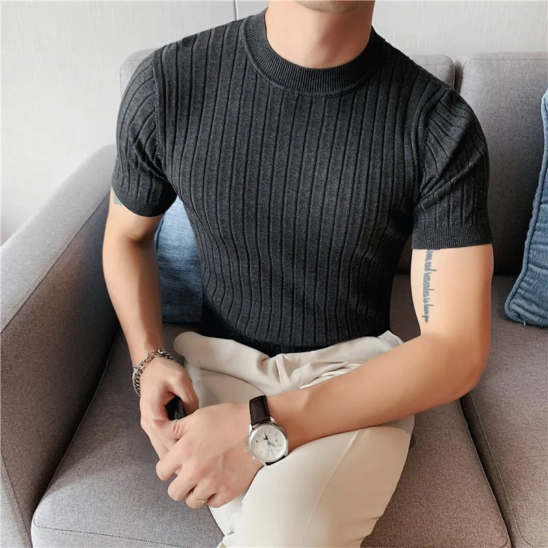 Threebooy New Style Men High Grade Solid Color Stripe Knit T-shirt/Male Slim Fit Fashion High Collar Short Sleeve T-shirt Black White