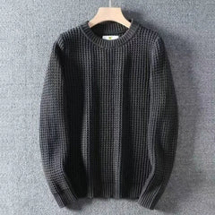 Threebooy  Autumn and Winter Fashionable Waffle Thread Round Neck Solid Long Sleeve Loose Relaxed Warm Inner Laydown Knitted Sweater