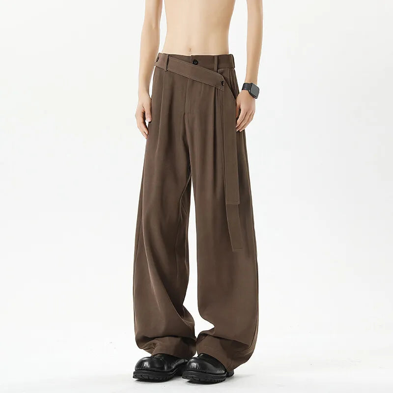 Threebooy  Neapolitan Black Knife  Casual Pants Men's Slanted Belt Drapey High-End Feel Wide Leg Straight Cut Everyday Trousers