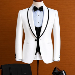 Threebooy  Men White Tuxedo with Black Piping Shwal Lapel 3 Piece Suit Elegant Jacket+Vest+Pants Set Prom Wedding Formal Outfit