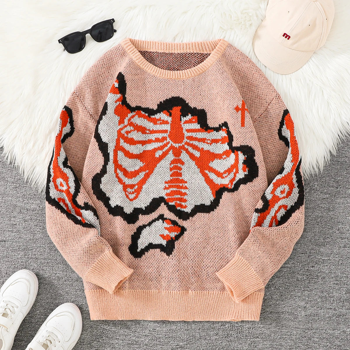 Threebooy  New Popular Spring and Autumn Bone-Shaped Butterfly Jacquard Pattern Pullover Sweater Casual Round Neck Contrast Color Knitted m