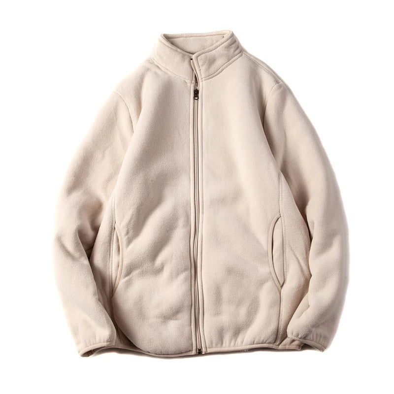Threebooy American Warm Fleece Sweatshirt Imitation Lamb Velvet Coat Korean Autumn Winter Men's Thickened Simple Zipper Up Lapel Jacket