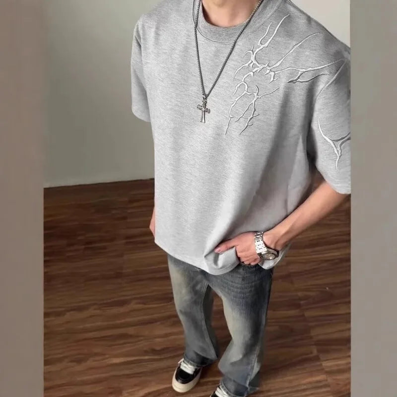 Threebooy Men's Summer Thorn Embroidery Round Neck Short Sleeve American High Street Half Sleeve Regular Shoulder T-Shirt