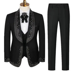 Threebooy  Fashion Men Luxury Wedding Suit 3 Piece Party Dress 3 Piece Customized Beaded Crystals Slim fit Tuxedos For Man