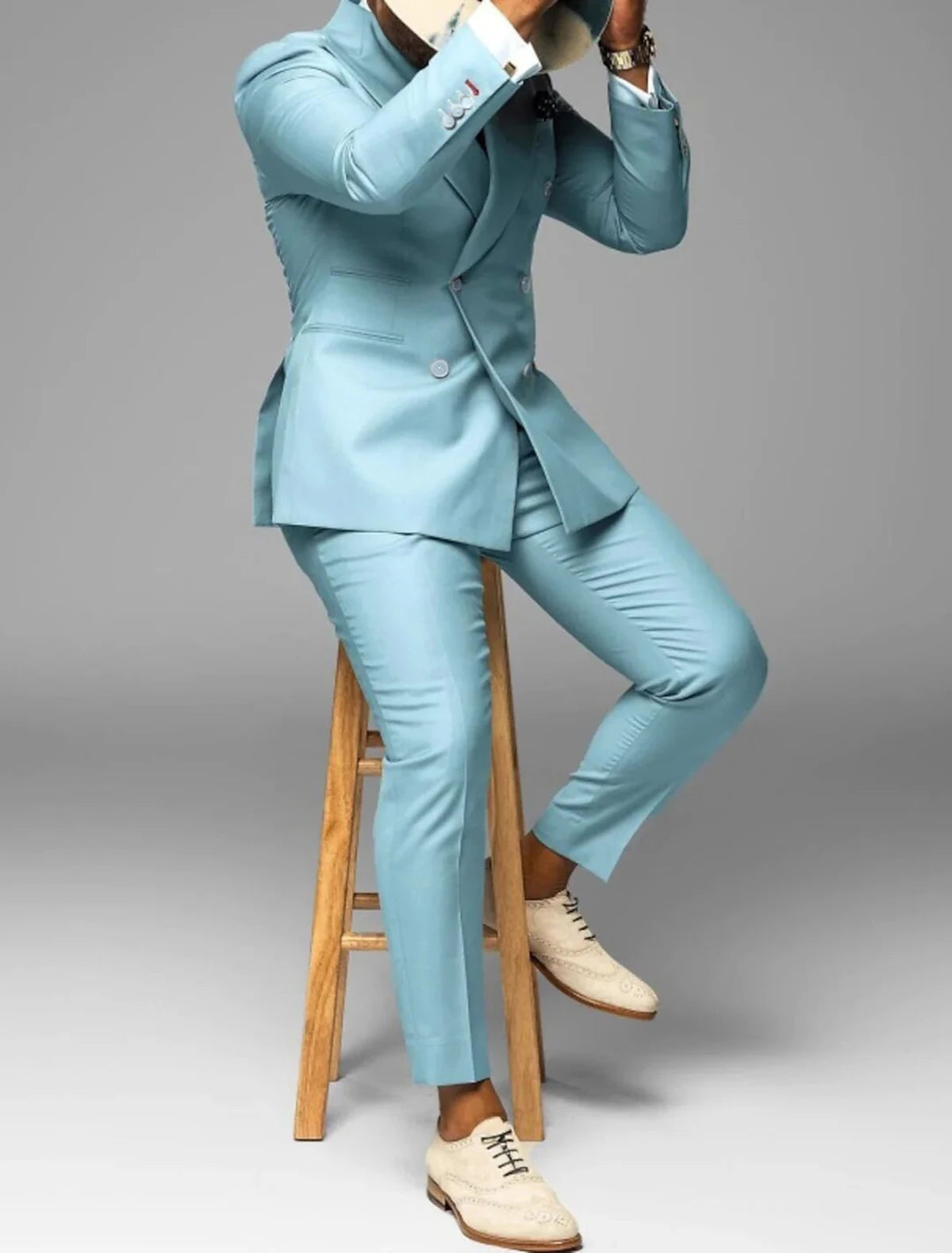 Threebooy  Men's Suit 2 Pieces Blazer Pants Bow Collar Double Breasted Buckle Work Wear Bussiness Wedding