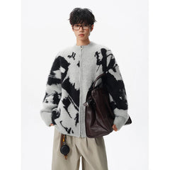 Korean men's sweater Imitation mink wool cardigan sweater 2025 Autumn Winter New Tie dye jacquard cardigan knitted sweater