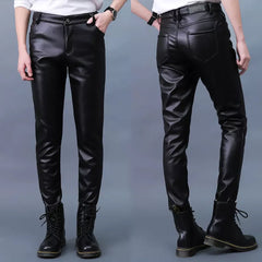 Threebooy Men Leather Pants Slim PU Leather Trousers Fashion Elastic Motorcycle Leather Pants Waterproof Oil-Proof Male Bottoms Oversized