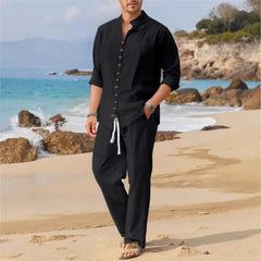 Threebooy  Spring and autumn Cuban style fashion men's shirt trend casual multi-button stand collar loose long sleeve pants beach suit