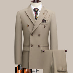 Threebooy  The latest men's solid color suit two-piece set with lapel collar and double breasted buttons for four seasons, men's business s