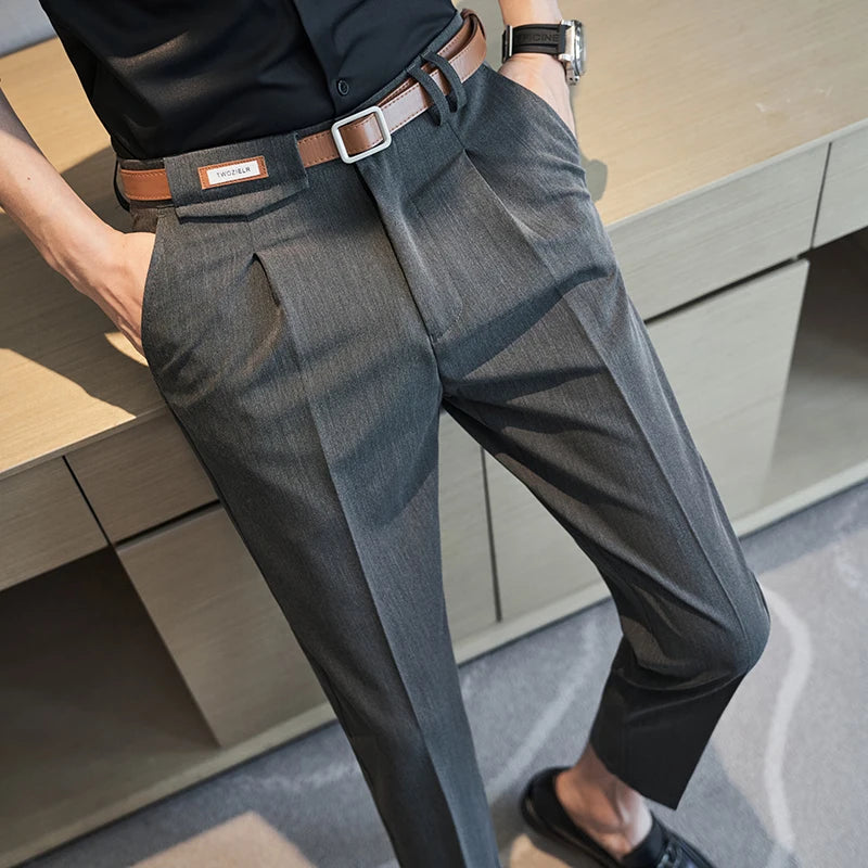 Threebooy  Summer Fashion Mens Pants Slim Fit Business Casual Long Trousers Office Men's Skinny Suit Pants Solid Color Trousers 28-36