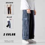 Threebooy Corduroy Casual Pants for Men's Loose Sports Stitching Pocket Overalls All-match Hip-hop Street Trendy Trousers Spring Autumn