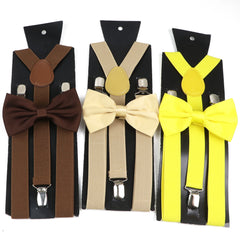 Threebooy Fashion Men Kids Suspender Bowtie Sets For Wedding Party Festival Gift Brown Khaki Elastic Y-back Straps Pants Shirt Accessory