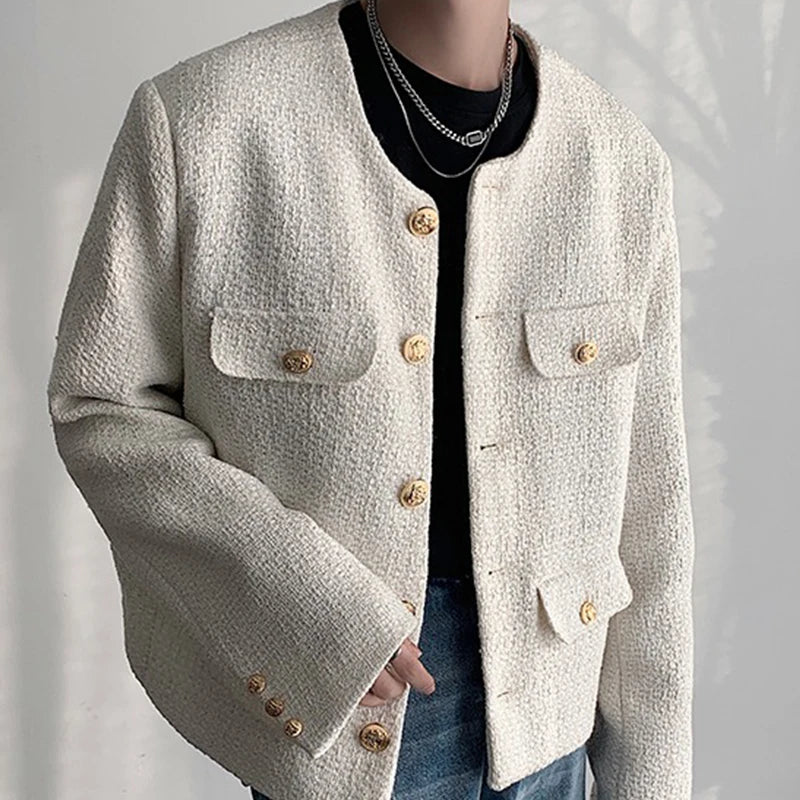 Threebooy Korean Style Fashionable Tweed Round Neck Jacket Men Japanese Trendy High-end Single-breasted Short Jacket with Temperament