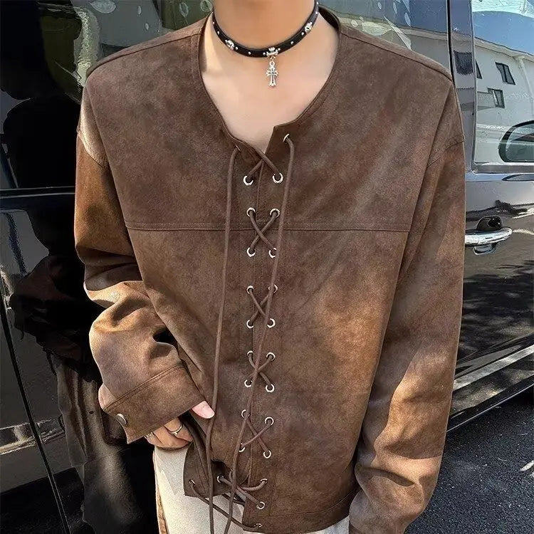 Threebooy Drawstring Double-breasted Shirt Back Fly Design Top American Retro Brown Motorcycle Leather Jacket Women Men's Jacket