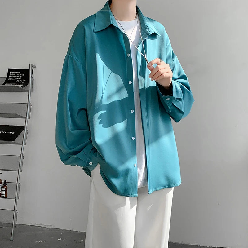 Threebooy Korean Fashion Ice Silk Shirts for Men Spring Summer Solid Color Long Sleeve Casual Loose Comfortable Button Up Shirt 5XL-M