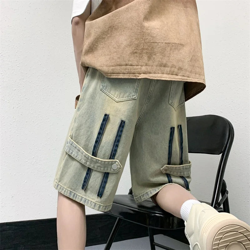 Threebooy Men Patchwork Oversized Jeans Shorts Streetwear Harajuku Denim Shorts New Hip Hop Vintage Blue Summer Casual Loose Shorts