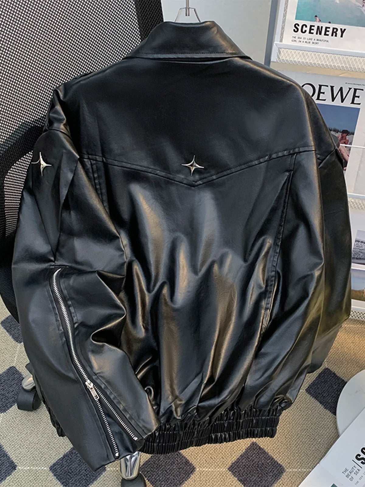 Threebooy Niche Deconstruction Heavy Industry Leather Jacket Spring Autumn Design Loose Punk Streetwear Short Motorcycle Leather Coat