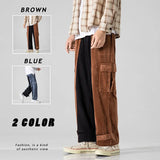 Threebooy Corduroy Casual Pants for Men's Loose Sports Stitching Pocket Overalls All-match Hip-hop Street Trendy Trousers Spring Autumn