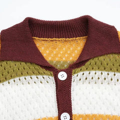 Threebooy  Men Hollow Out Knit Cardigan Shirt Striped Pattern Cuban Collar Loose Fit Short Sleeve Casual Tops Summer New