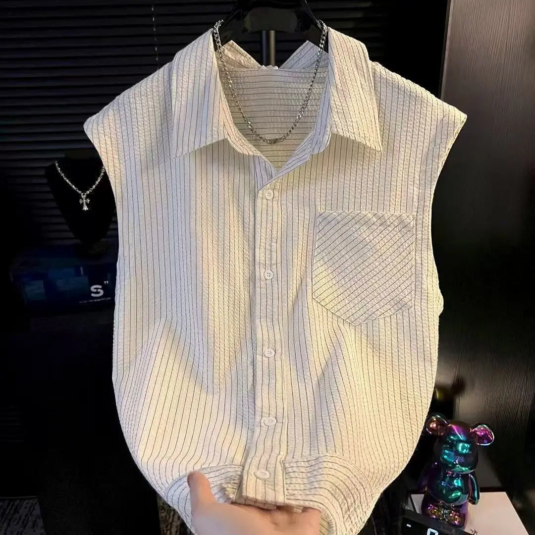 Threebooy Men's Loose Sleeveless Shirt Waistcoat Korean Version Summer New Fashion Fashion Contrast Stripe Design Trendy Short-sleeved Top