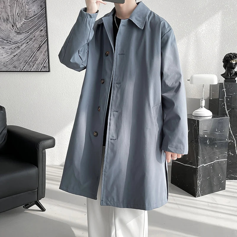 Threebooy  Men's Trench Coat Fashion long Windbreaker Men Solid Color Single Breasted Loose Casual Trench Man Streetwear Plus Size M-5XL
