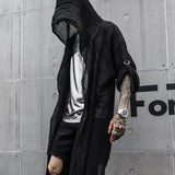 Threebooy Mens Pleated Dark Style Hooded Cardigan Cape Personality Nightclub Punk Rock Hip Hop Gothic Retro Woven Cotton Long Shirt Unisex