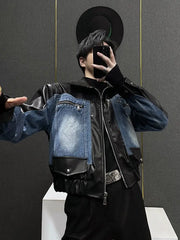 Threebooy Cargo Retro Patchwork Leather Denim Jacket Men Autumn Niche Patchwork Design High-end K-pop Short Jacket Casual Top