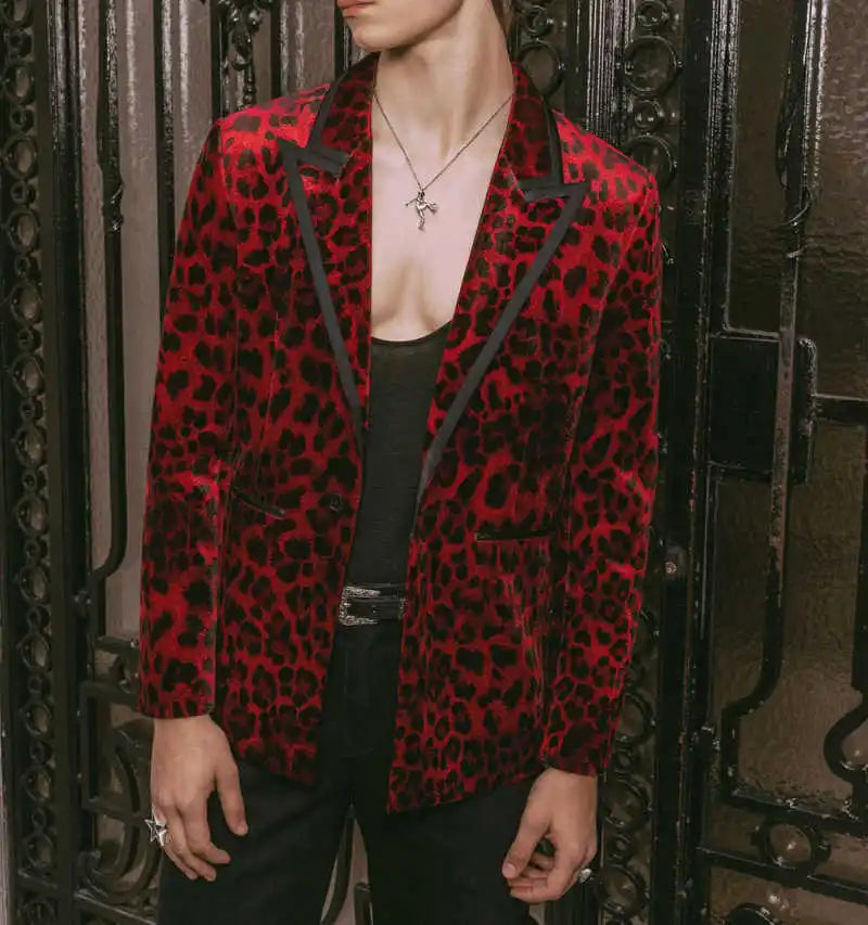 Threebooy  Leopard Print Men's Suits Slim Fit 2 Pieces Jacket Pants Peaked Lapel One Button Special Occasion