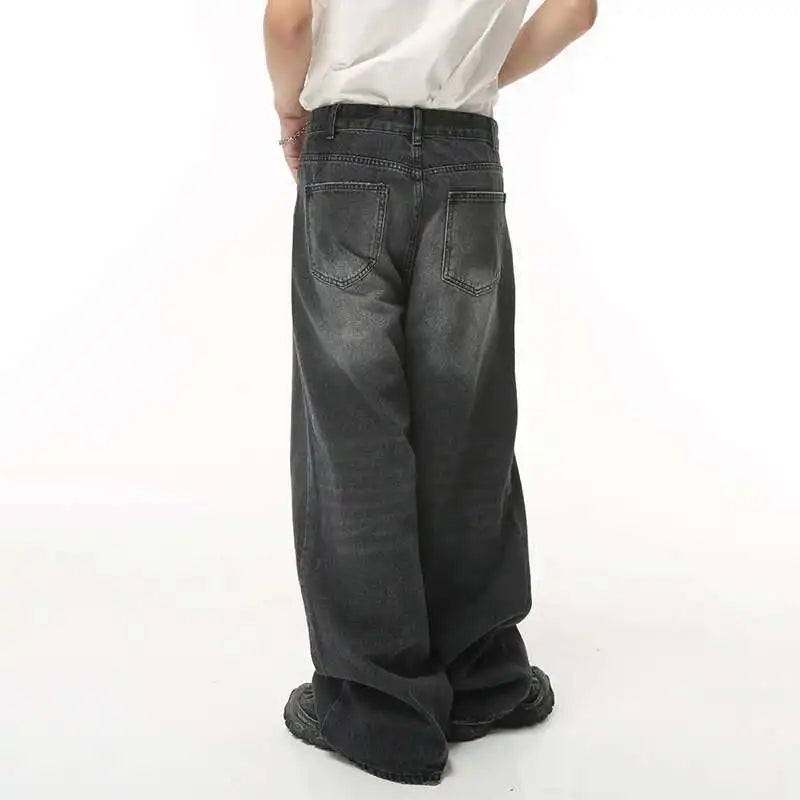 Threebooy  Vintage Men's Baggy Denim Trousers New Streetwear Wide Leg  Loose Denim Pants Fashion Distressed Straight Pants