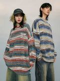 Threebooy Striped Knitted Sweater Coat Men Japanese Y2K Oversize Casual Autumn Winter Loose O-neck Pullovers for Man Streetwear