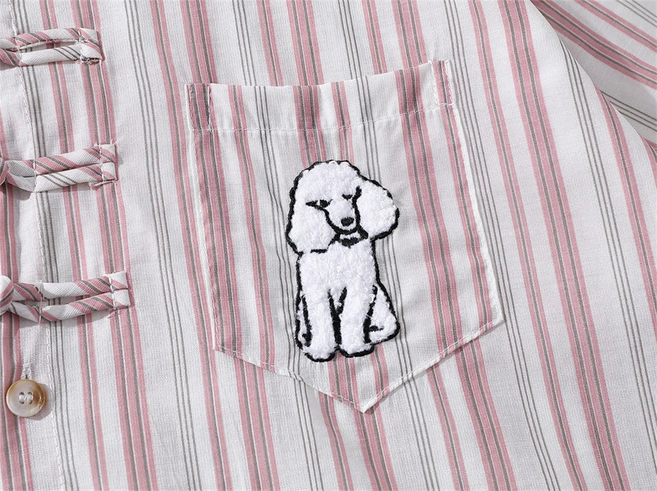 Threebooy  Summer Short Sleeve Shirts Men Streetwear Hip Hop Puppy Embroidery Striped Shirt for Men Oversized Harajuku Pink Casual Blouse
