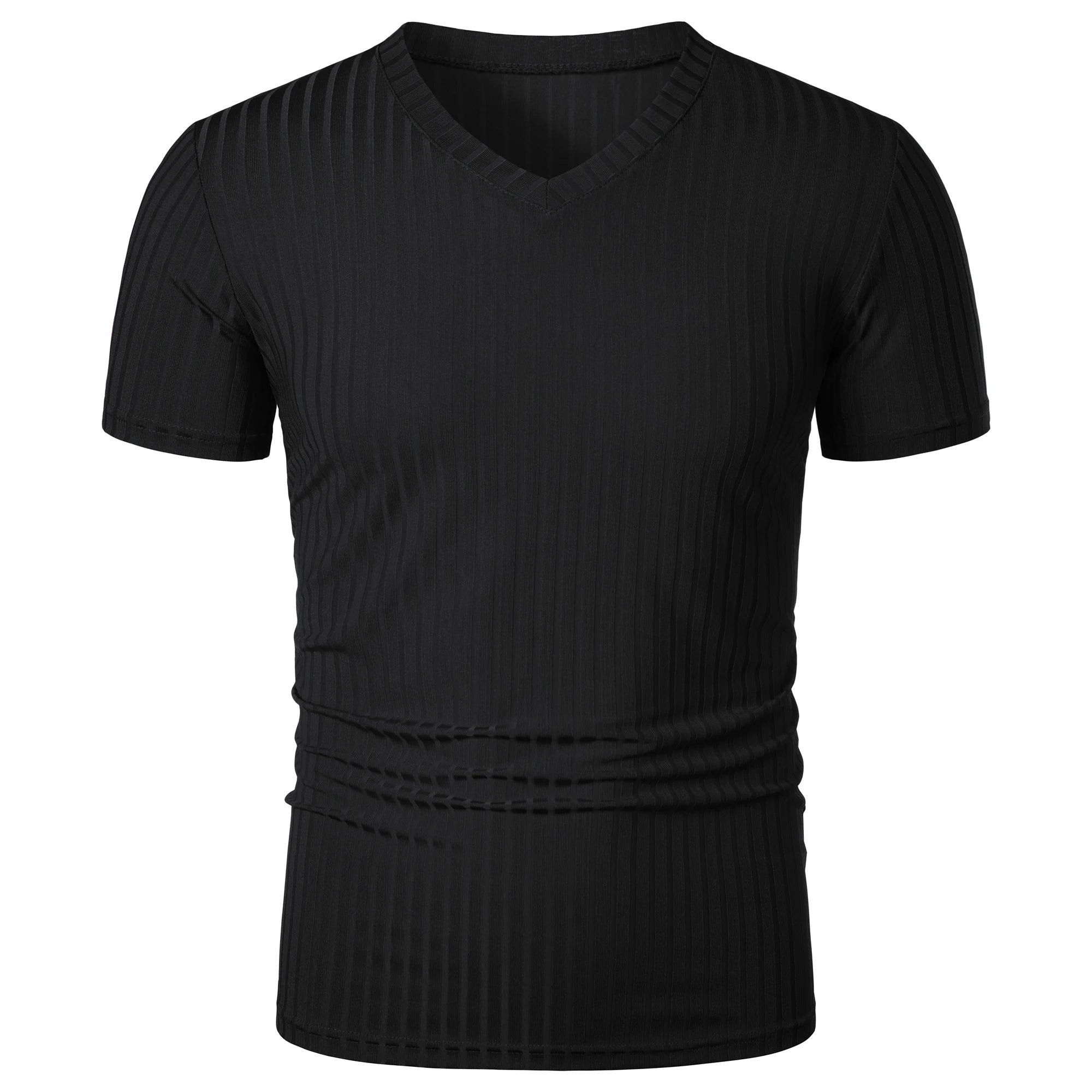 Threebooy  Men's running sports fitness wear summer high stretch vertical strip short sleeve V-neck slim knit base shirt