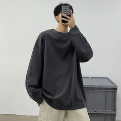 Threebooy  Cotton Long Sleeved T-shirt Men Solid Color Round Neck T Shirt Men Streetwear Loose Casual T Shirt Mens Top Large Size 5XL