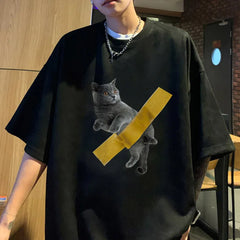 Threebooy Summer Cartoon Cat Print T-shirt Men Fashion Retro Suede Tshirts Streetwear Hip Hop Loose Round Neck Oversized T Shirt Mens Tops