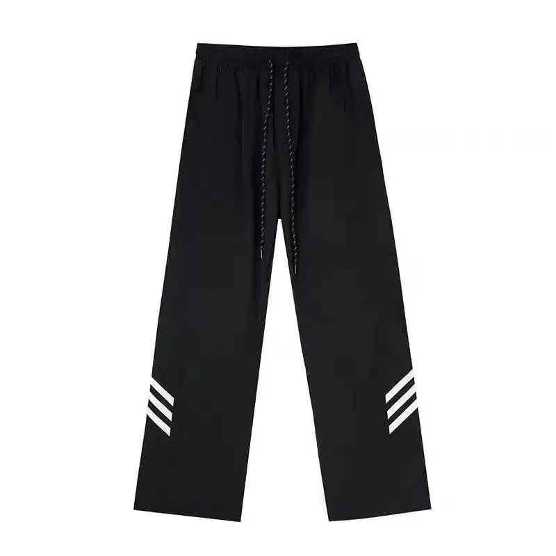 Threebooy American Trendy Vintage Summer Loose Sports Wide Leg Pants Men Pocket Striped Elastic Wait Drawstring Casual Straight Trousers