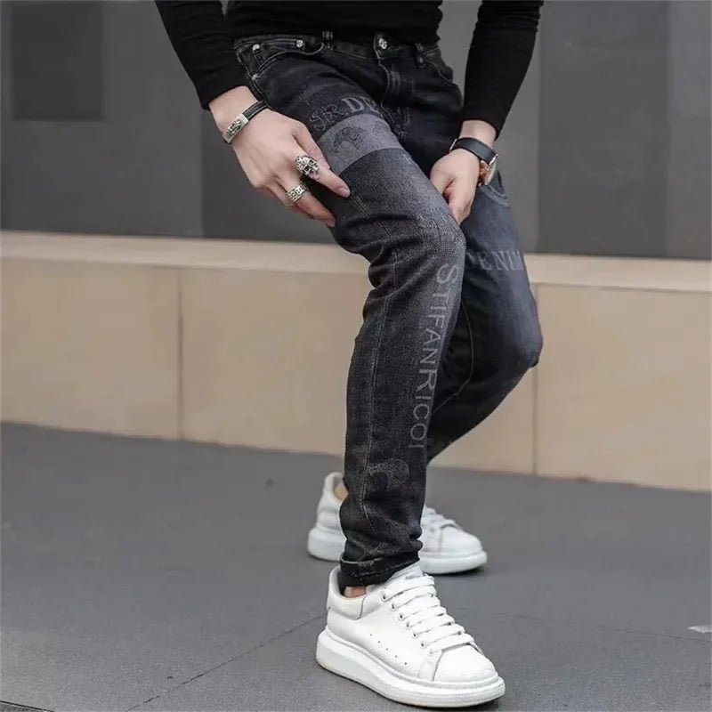 Threebooy Jeans Men Print Pants Loose Fit Blue Baggy Jeans Korea Fashion Wide Leg Pants Denim Trousers Men's Clothing Harem Pants