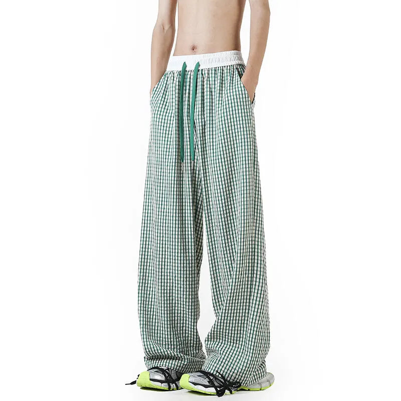 Threebooy Summer Casual Pants Men Fashion Oversized Wide Leg Pants Men Streetwear Hip-hop Loose Plaid Pants Mens Trousers Large Size 4XL
