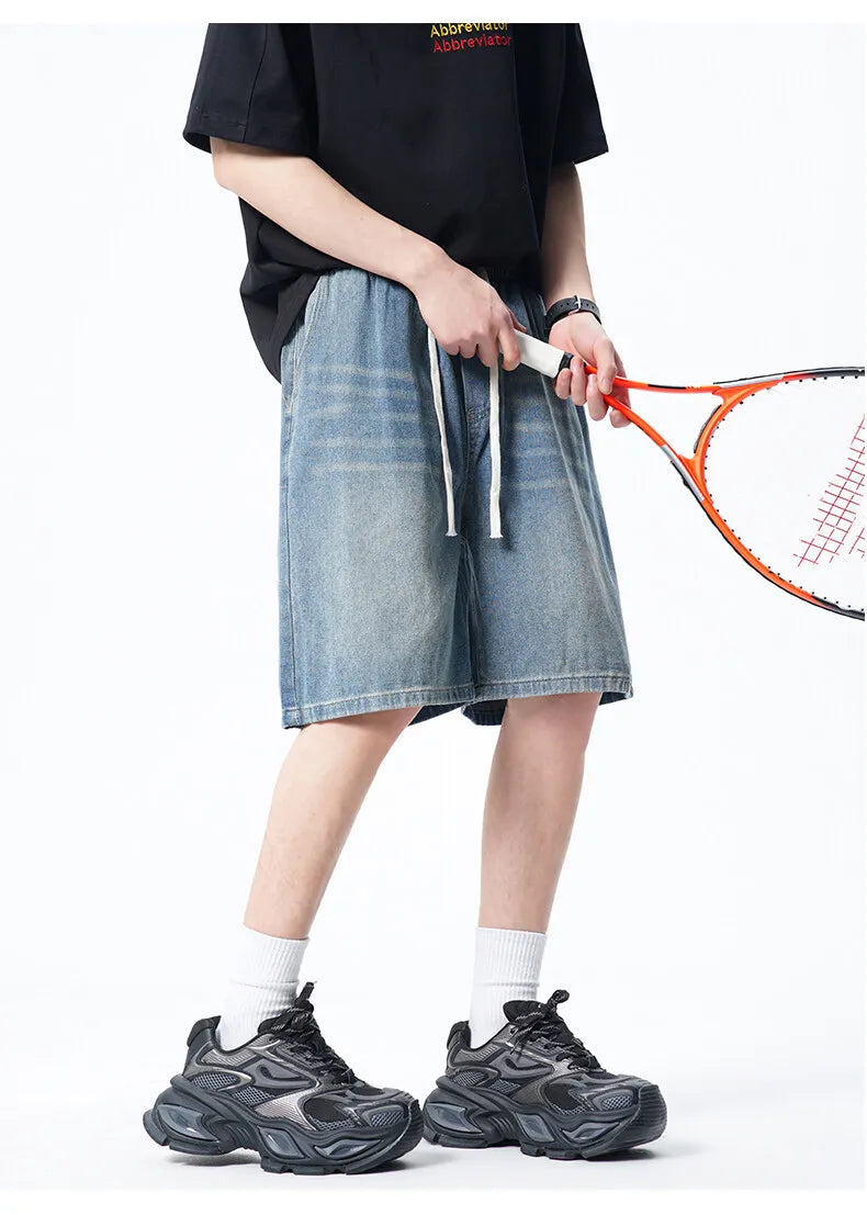 Threebooy Mens Denim Shorts Elastic Waist Drawstring Washed Classic Casual Summer Streetwear Vintage Stonewash Comfort Fit 2025 Fashion