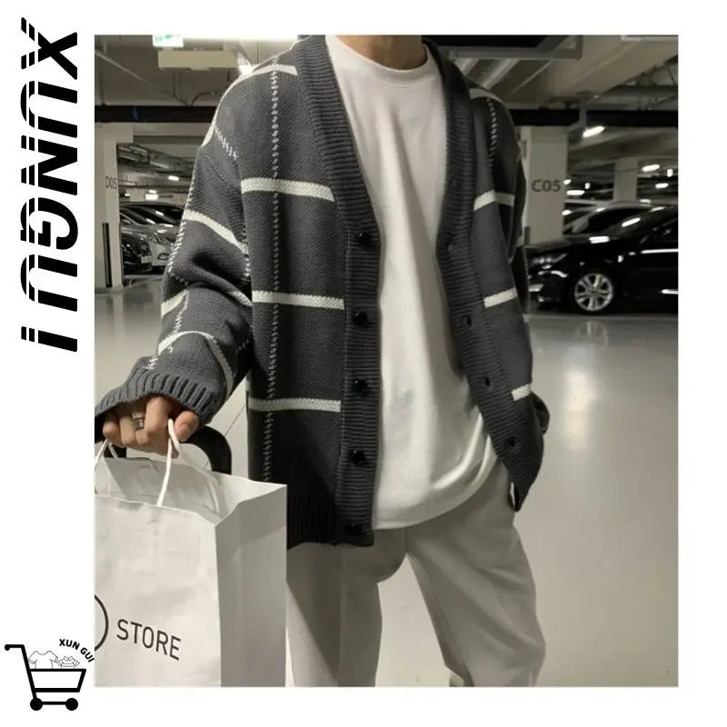 Threebooy Trendy Cardigan Men's Korean Version British Checkered Striped Sweater Men's V-neck Sweater Jacket