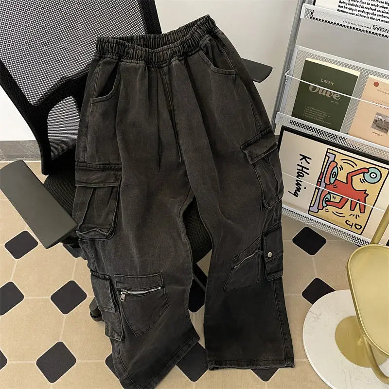 Threebooy  Autumn American high street men and women trendy straight tube multi pocket workwear jeans for couples loose retro casual pants