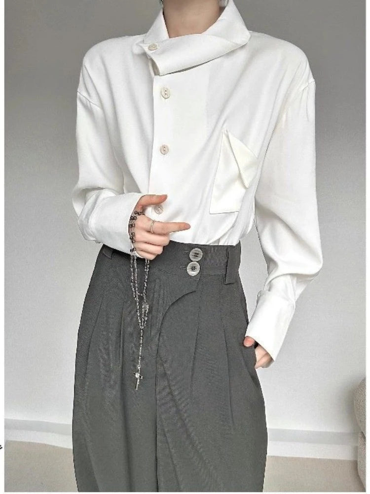 Threebooy New Chinese Retro Design Niche Shirt Korean Style Fashion Trend Irregular High-end Shirt Neckline Chic Jacket Men Aesthetic