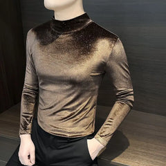 Threebooy  Men's Velvet Long Sleeve T Shirt New Style Autumn Winter Half High Collar Top All Over Star Pattern