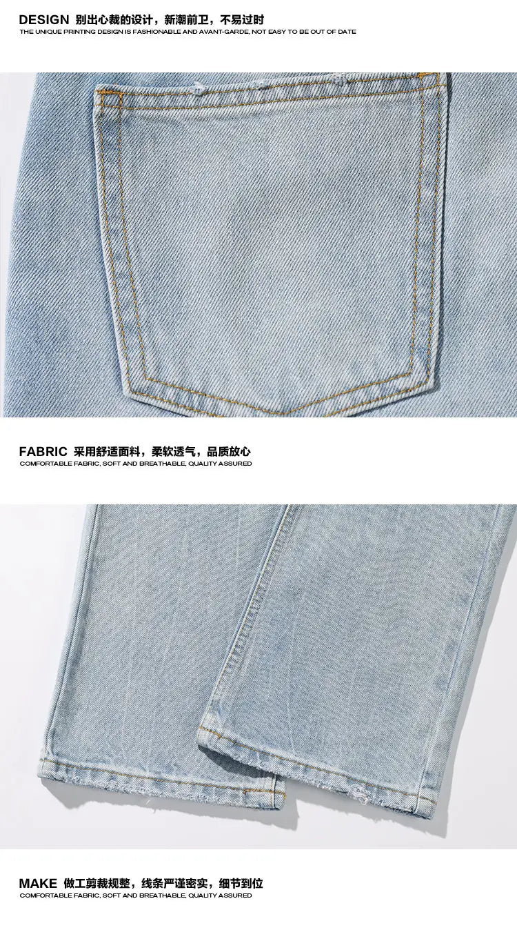 Threebooy Mens Classic Straight Light Blue Washed Denim Jeans M-5XL 7 Size Options Big Tall Multiple Fit Vintage Wash Large Size