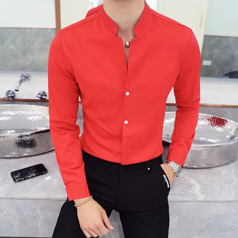 Threebooy  New Style Male Casual Dress Spring Long Sleeve Shirts/Men's High Quality Stand Collar Business Shirts/Plus Size S-5XL