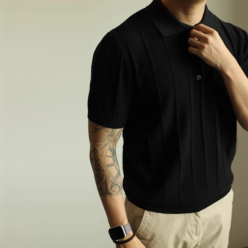 Threebooy  New Men's Clothing Luxury Business Polo Shirt Casual Slim-fit Knitted Solid Color Short Sleeve T-shirt High Quality Tops M-3XL